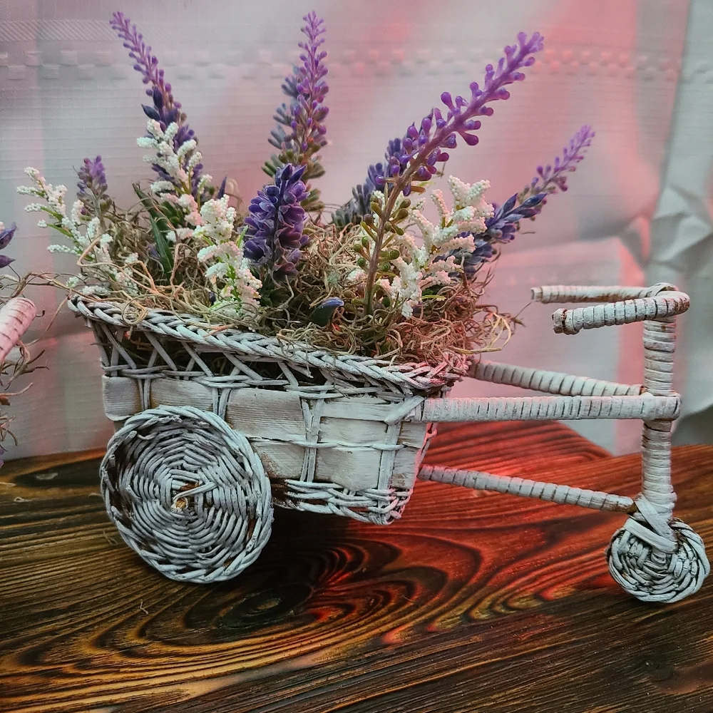 Set of Two Cottagecore Wicker Planters with Lavendar Flowers